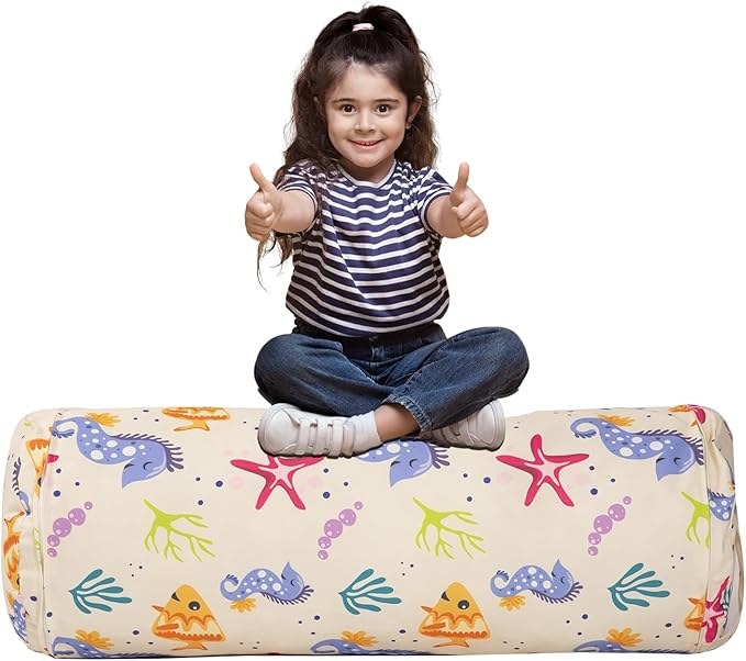 Stuffed Animal Bean Bag Storage Chair for Kids Cover Only (No Filler), Organize, Sit, Play & Boxing, 100% Cotton Canvas Washable, Ultra Soft Cylinder Long Vertical Zipper Best Gift for Child