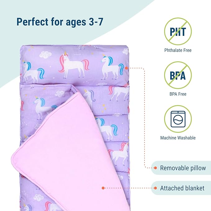 Wildkin Original Nap Mat with Reusable Pillow for Boys & Girls, Ideal for Sleepovers, Equipped with Hook & Loop Fastener, Made from Cotton Blend Materials - Nap Mat for Kids