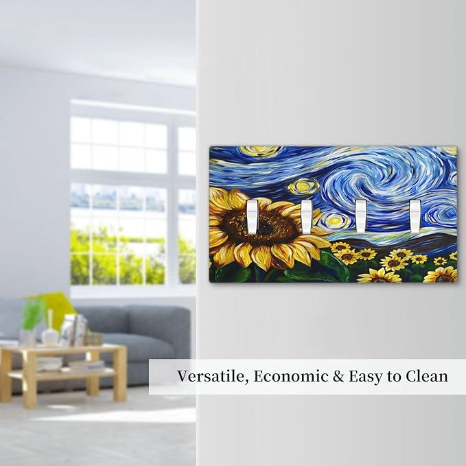 Vintage Abstract Blue Starry Sunflower Quad Toggle Light Switch Covers 4 Gang Wall Plate Decorative Switchplate Electrical Faceplate for Farmhouse Country Bedroom Decor