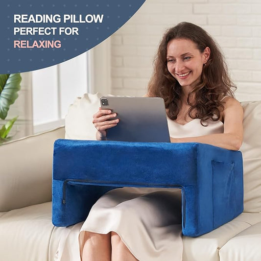 Homguava Reading Pillow Memory Lap Desk Foam Pillow for Adults Gaming Pillow Arm Rest Pillow for Reading, Crocheting, Gaming or Sitting in Bed (Blue, Medium)