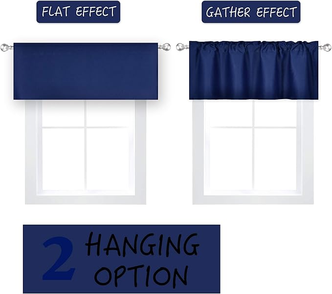 Navy Valance for Windows 72x18 Inch Solid Thermal Insulated Blackout Rod Pocket Kitchen Short Curtain Toppers Valance for Bathroom Living Room 1 Panel