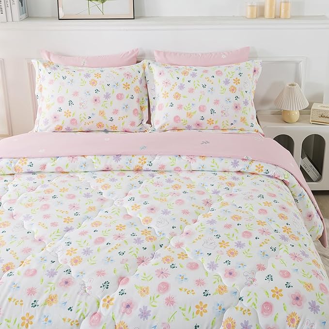 Wajade Floral Comforter Set Bed in A Bag Full Size 7 Piece Botanical Flower Green Leaves Rabbits Bedding Set for Girls (1 Comforter, 1 Flat Sheet, 1 Fitted Sheet, 2 Pillowcase and 2 Pillow Sham)