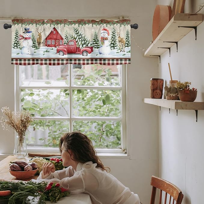 Vandarllin Christmas Farmhouse Kitchen Curtains Valances for Windows Snowman Farm Red Truck Rod Pocket Window Treatment for Kitchen/Living Room/Bedroom/Bathroom,42" X 12" -1 Panel, Winter Holiday