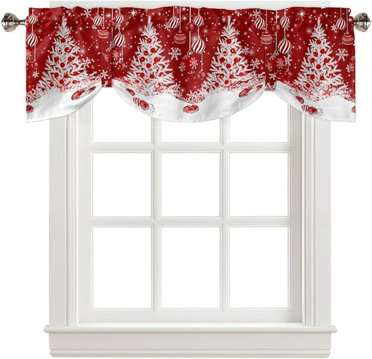 Red Christmas Blackout Tie Up Valance Curtains for Kitchen Windows White Xmas Tree Snowflakes Red Balls Window Toppers Balloon Shades for Living Room/Bathroom/Bedroom,1 Panel, 60" X 18", Winter