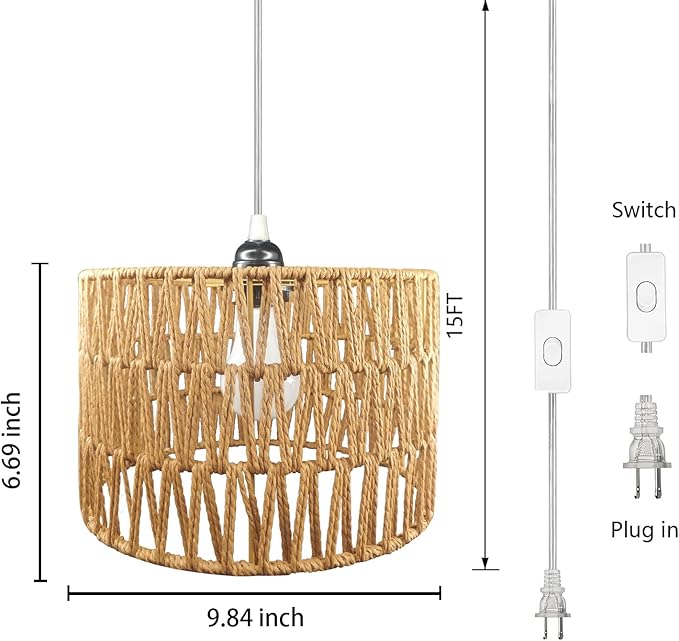 Hanging Lamp Plug in Rattan Hanging Lights with Plug in Cord, Woven Pendant Light with Smart RGB Bulb and Remote Control for Bedroom Living Room Farmhouse Kitchen (Rattan, Barrel Shade)