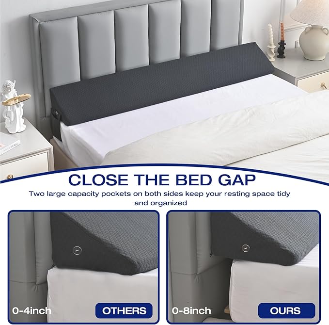 Full Size Bed Wedge Pillow for Headboard/Full Mattress, Bed Wedge Gap Filler Triangle Pillow Plus Long Bed Bolster Pillow for Space Between Bed and Headboard Loft College Dorm Room Essentials Grey