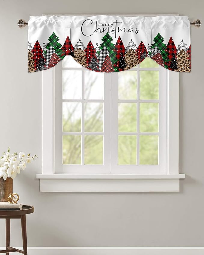 Merry Christmas Blackout Tie Up Valance Curtains for Kitchen Windows Buffalo Plaid Xmas Tree Winter Forest Farmhouse Window Toppers Balloon Shades for Living Room/Bath/Bedroom, 54" X 18", Red Green