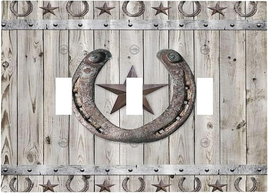 Rustic Western Wood Barn Door Horseshoe Iron Star 3 Gang Light Switch Covers Triple Toggle Wall Plate Decorative Switchplate Electrical Faceplate for Farmhouse Country Bedroom Decor