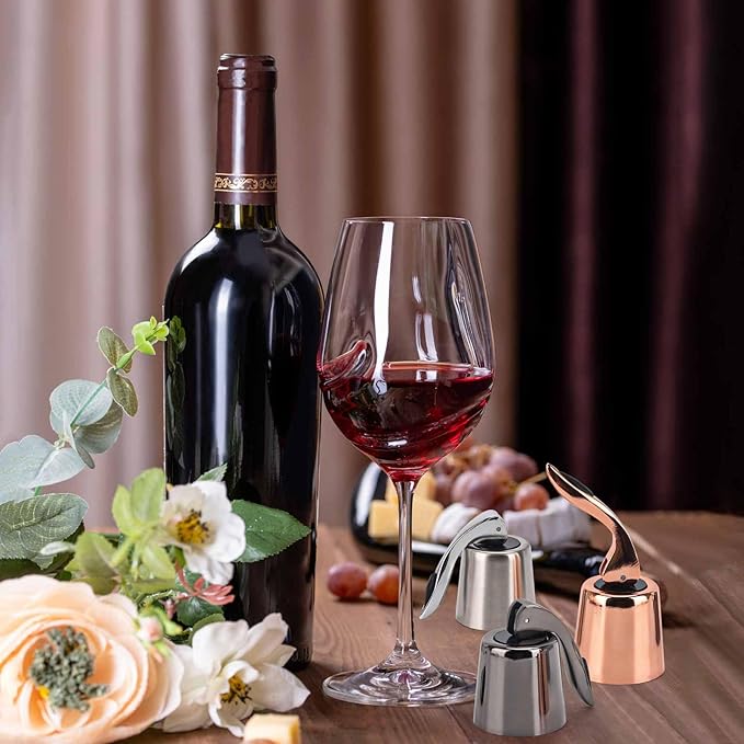 3Pcs Stainless Steel Wine Stoppers, Reusable Wine Bottle Stopper with Silicone Seal, Wine Saver and Decorative Bottle Sealer, Beverage and Wine to Keep Fresh (Silver+Black+Rose Gold)