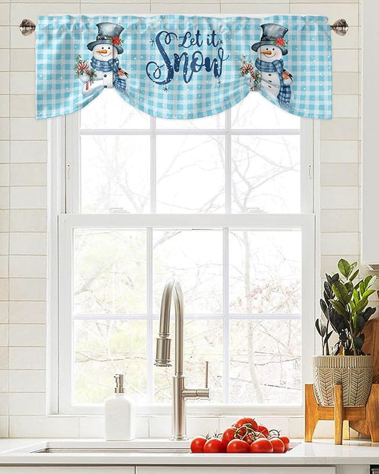 Snowman Christmas Blackout Tie Up Valance Curtains for Kitchen Windows Let It Snow Winter Holiday Window Toppers Balloon Shades for Living Room/Bath/Bedroom,1 Panel, 42" X 18",Blue White Buffalo Plaid