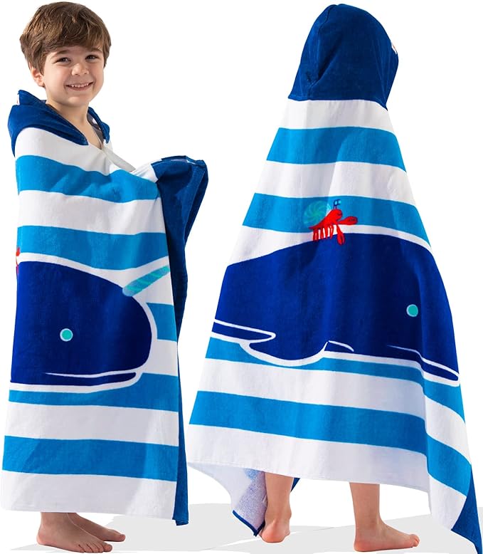 VOOVA & MOVAS Hooded Beach Towels for Kids | Soft Thick Absorbent Cotton Beach | Pool | Bath Towels for Ages 3-10, Narwhal Whale