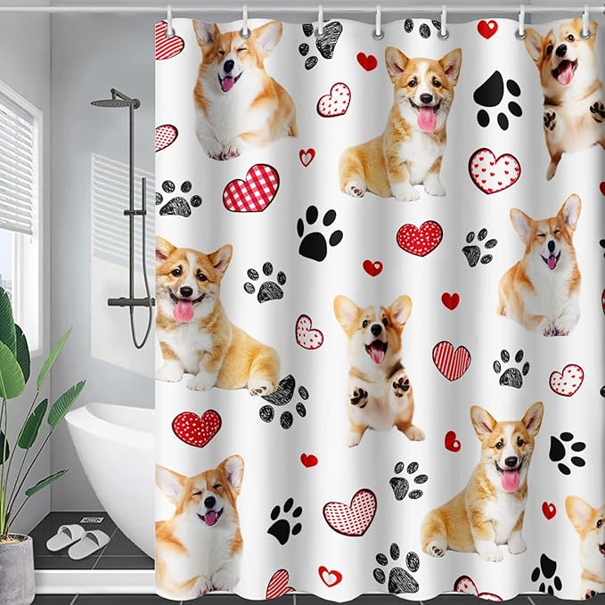 AILONEN Puppy Dog Shower Curtain for Bathroom,Cute Corgi Waterproof Bath Curtain,Pet Dog Kids Girls Dog Lover Curtain with 12 Plastic Hooks(36" W*72" H)