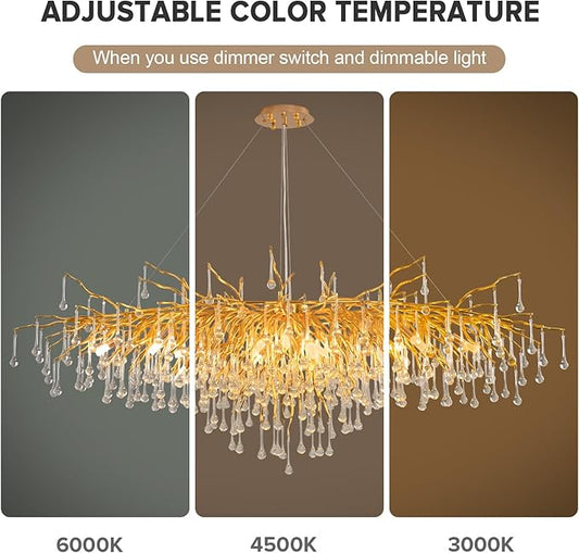 70.87 Inch Modern Gold Crystal Chandeliers, Large Branch Raindrop Chandelier,Rectangle Chandelier Lighting Fixture 19-Light for Foyer Entryway High Ceiling Dining Room, Living Room