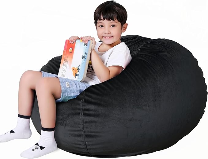 Lukeight Stuffed Animal Storage Bean Bag Chair Cover for Kids, Zipper Beanbag Chair Cover for Organizing Toddler and Kids' Rooms Plush Toys (Black, Large)