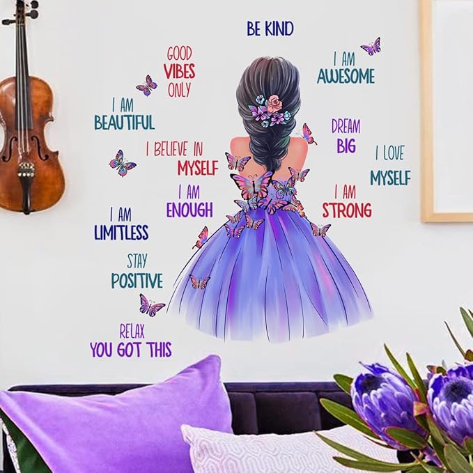 Butterfly Girl Inspirational Wall Stickers, Motivational Lettering Quotes Butterfly Wall Decals Removable Vinyl Peel and Stick for Woman Kids Baby Nursery Bedroom Toddler Room Art Decoration