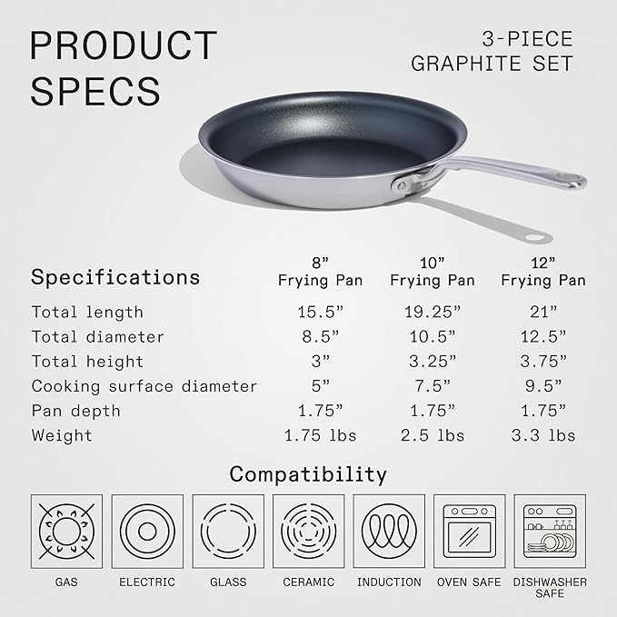 Made In Cookware - ProCoat Non Stick 3 Piece Frying Pan Set (Includes 8",10",12") - 5 Ply Stainless Clad - Professional Cookware - Made in Italy - Induction Compatible - (Graphite)