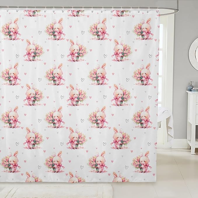 Cute Rabbits Kids Shower Curtains,Tulip Flowers Love Heart Romantic Bathroom Curtains for Girls Boys,Happy Easter Cartoon Animals Pink Kawaii Waterproof Curtains,12 Hooks Suits,72" W x 78" L