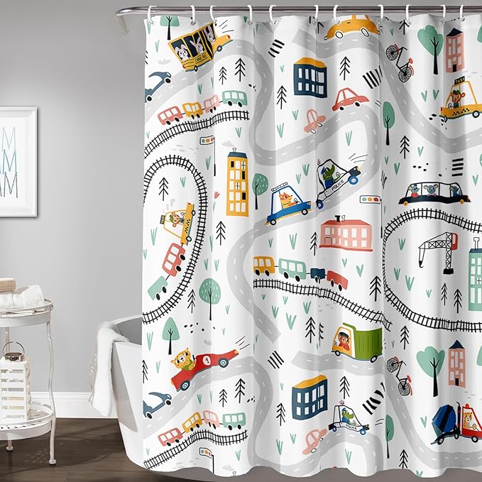AILONEN Construction Truck Shower Curtain, Kids Cartoon Train Vehicle Tractor Cars Bath Curtain for Boys,White Road Map Bathroom Decor Waterproof Fabric 72" W*78" H Inch with 12 Plastic Hooks