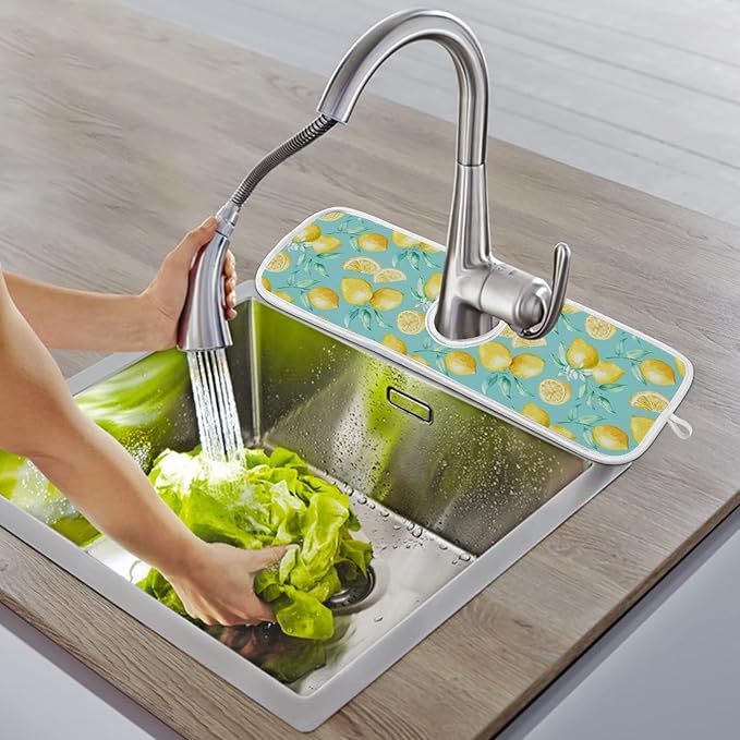 Lemon Turquoise Faucet Water Catcher Mat 2 Pack Flowers Leaves Summer Drying Mat Absorbent Bathroom Faucet Handle Drip Catcher Tray Bar RV Kitchen Sink Splash Guard 30x5 Inches