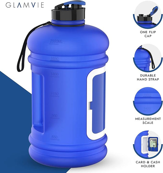 Sports Water Bottle 73OZ Half Gallon with Handle Big Reusable Water Jug 2.2L for Sport & Fitness with Built-In Storage Case for Cash & Cards | Eco Friendly & BPA Free | Matte Blue