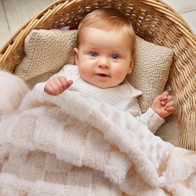 Soft Checkered Baby Blankets for Unisex Girls or Boys Breathable Gender Neutral Nursery Double Layer Blankets with Dotted Backing for Newborn Toddlers (30” X 40”)