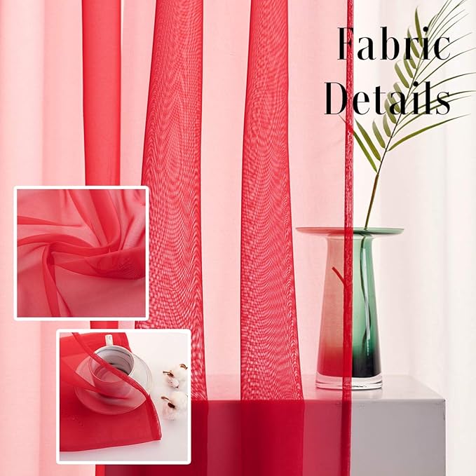 Red Sheer Voile Curtains Translucent Solid Color Window Treatment 63 Inches Long Panels Rod Pocket Red sheers for Bedroom Living Room 2 Panels 52x63