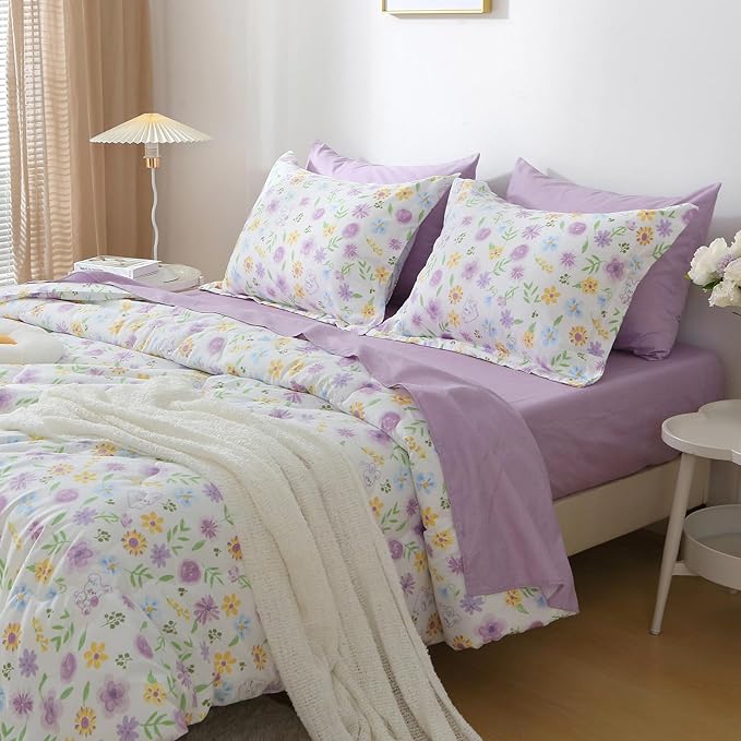 Wajade Floral Comforter Set Bed in A Bag Queen Size 7 Piece Purple Flower Green Leaves Rabbits Bedding Set for Girls (1 Comforter, 1 Flat Sheet, 1 Fitted Sheet, 2 Pillowcase and 2 Pillow Sham)