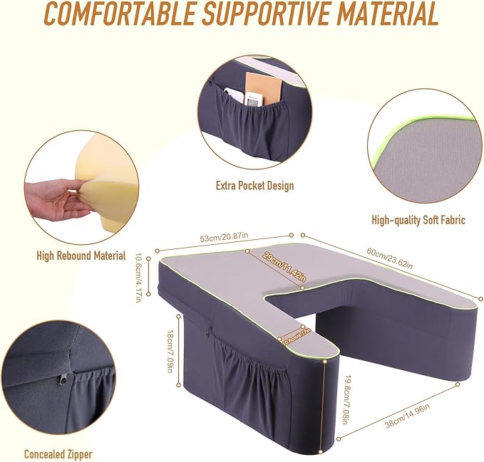 Reading Pillow for Gaming,Arm Rest Pillow for Adult, Memory Foam Gaming Pillow for Reading/Working/Game, Lap Desk Pillow Sitting in Floor Sofa/Bed(Grey and Dark Blue)