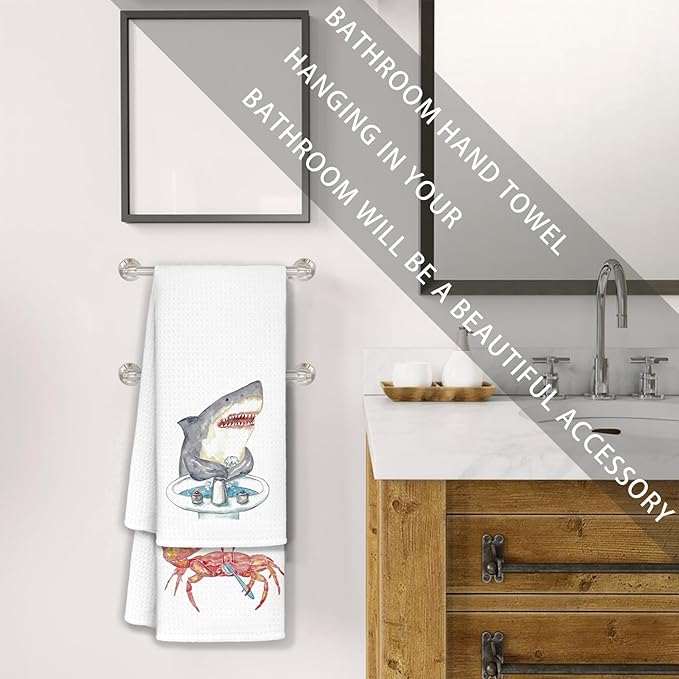 Funny Shark Crab Bathroom Hand Towels Set of 2 - Shark Bathroom Decor, Crab Decor, Wash Your Hands Bathroom Decor, Shark Gifts for Shark Lovers Women, Crab Gifts, 16x24 in