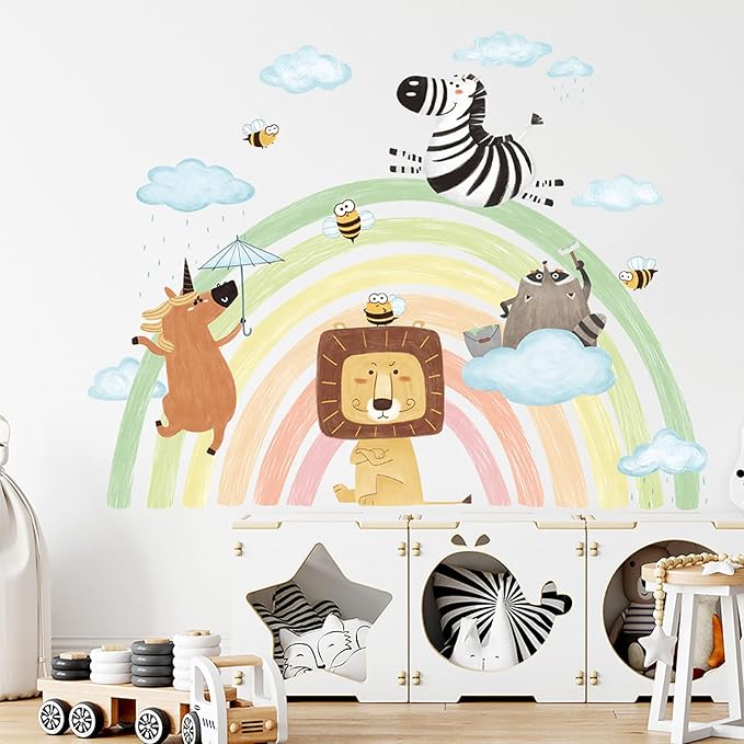 Jungle Animals Tree Wall Decals Lion Zebra Rainbow Wall Stickers Baby Nursery Kids Bedroom Living Room Wall Decor