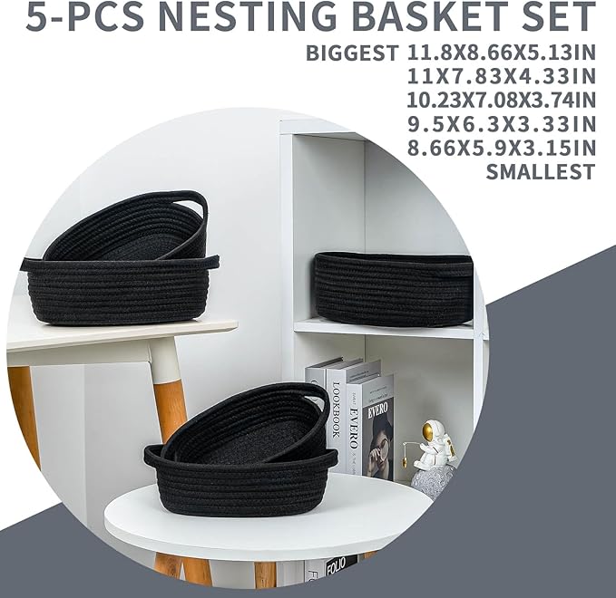 CubesLand Small Shelf Shelves Closet Basket,Woven Toy Basket Bin for Organizing,Storage Cube Organizer Basket Bin,Cute Rope Gifts Basket,Dog Cat Toy Basket Box,Over Toilet Storage Basket,Black 5-Piece