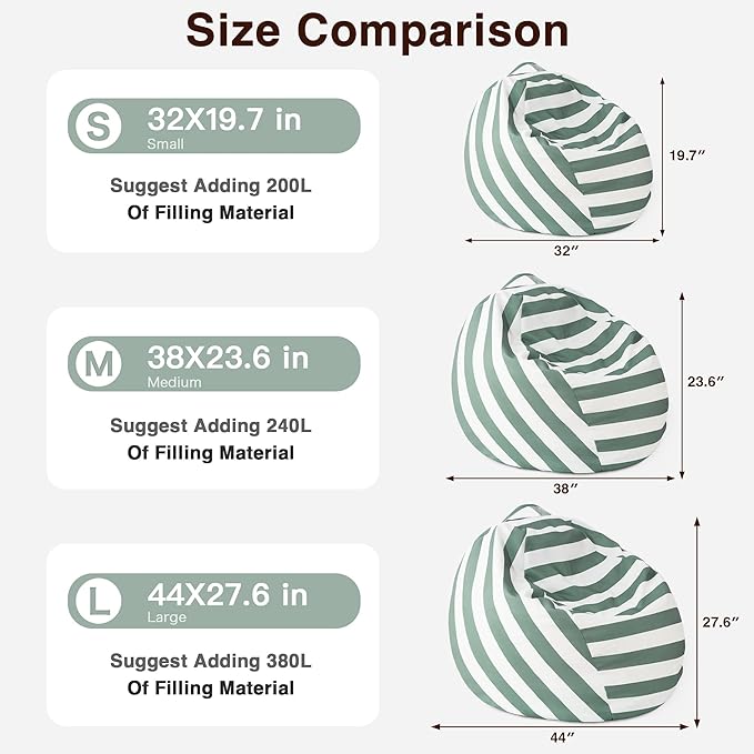 EXQ Home Kids Bean Bag Chairs Cover -Stuffed Animal Bean Bag Storage Green and White Stripes-Zipper Bean Bag for Organizing Children Plush Toys Holiday Gift for Girl,Boys (2XL)