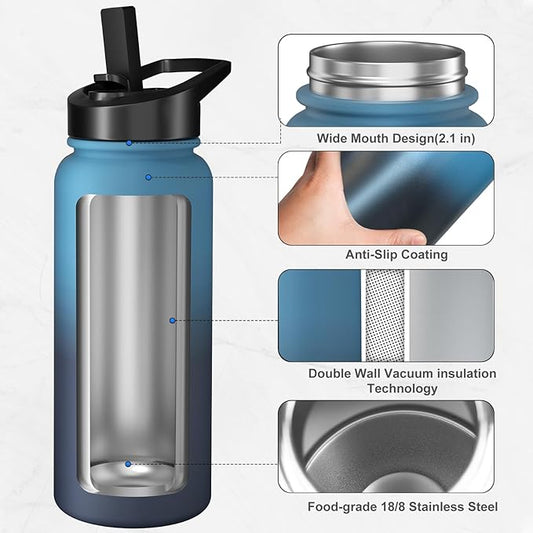 32oz Insulated Water Bottle with 3 Lids(Straw, Hand and Spout Lid), Double Vacuum Stainless Steel Metal Water Flask(BPA-free, CPC) for Sports, Camping, Hiking, Cycling, Fitness and more(Indigo Black)