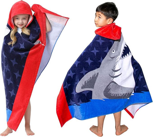 Premium Cotton Hooded Towel for Kids | Great White Shark Design | Ultra Soft and Extra Large | Children Bath Towel with Hood for Girls & Boys