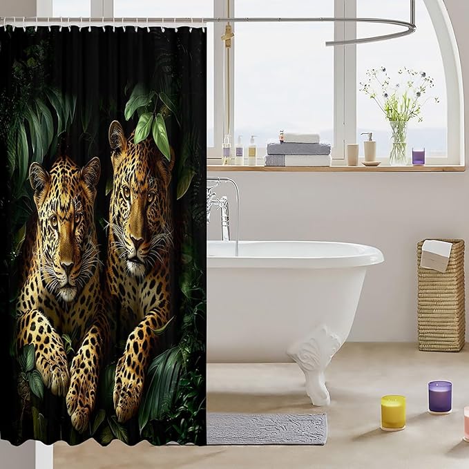 Feelyou Wild Leopard Bath Curtain Leopard Shower Curtain Kids Leopard Bathroom Shower Curtain Set Wildlife Kids Bathroom Accessories Cool Leopard 72"x78"