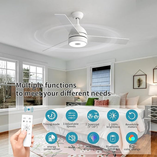 52 Inch Ceiling Fan With RGB Dimming LED Light,With Music Bluetooth Speaker,Remote Control,3-Speed Regulation, Reversible Motor,Timing,For Living room,Bedroom,Restaurant,Outdoor