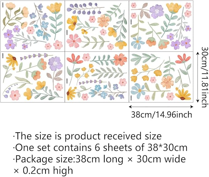 Boho Flower Wall Decals,Watercolor Flower Wall Art,Wildflower Wall Decals,Girls Bedroom Removable Wall Decals,Nursery Kids Room Decor Vinyl Murals DIY Cute Decorations (Wildflower Wall Stickers)
