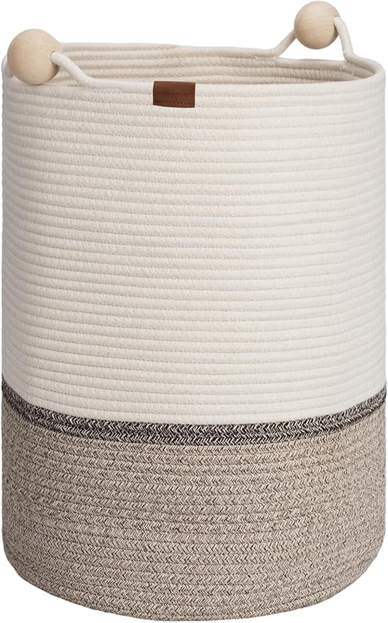 StorageWorks 58L Cotton Rope Laundry Basket with Wooden Beads Handles, Woven Basket for Storage, Dirty Clothes, Kids Toys, Towels, White & Light Brown
