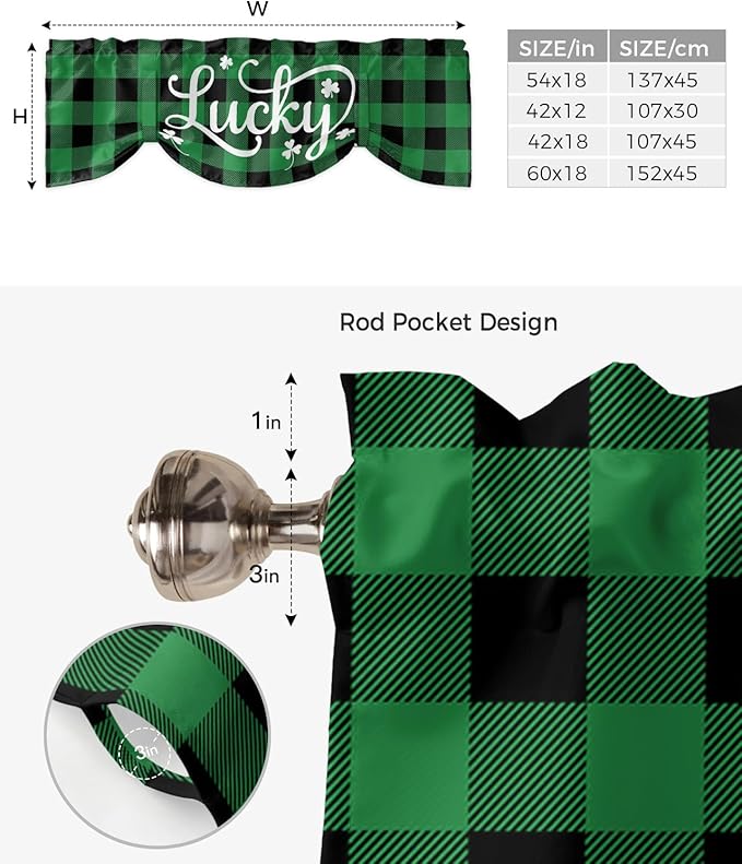 St. Patrick's Day Buffalo Plaid Blackout Tie Up Valance Curtains for Kitchen Windows Lucky Shamrocks Clover Window Toppers Balloon Shades for Living Room/Bathroom/Bedroom,1 Panel, 42" X 12",Green