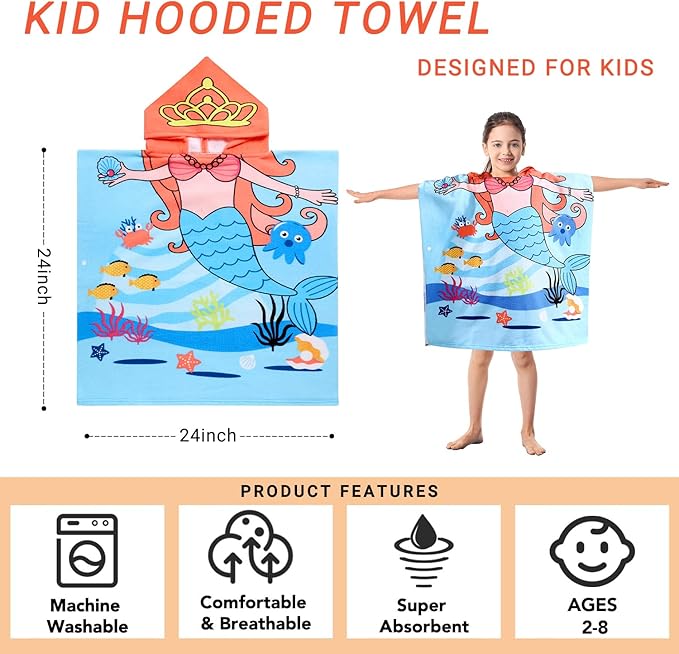 Kids Blue Mermaid Hooded Beach Towel Girls Cute Poncho Pool Towels with Hood 24*47 in Soft Microfiber Swim Cover-ups Kids Ages 3-10 Thick Absorbent Cotton Hooded Bath Towel Wrap Bathrobe