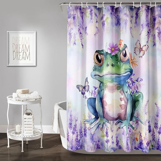 AILONEN Frog Shower Curtain, Tie Dye Lavender Flower Bath Curtain,Tie Dye Frog Bathroom Curtain Decor,Cute Frog Polyester Waterproof 36" W*72" H Shower Curtain, Hooks