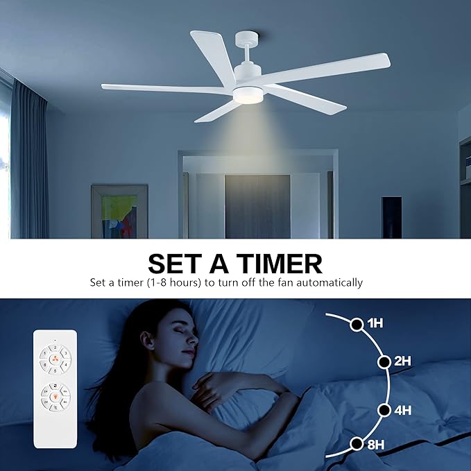 WINGBO 72 Inch DC Ceiling Fan with Lights and 3 Downrods, 5 Reversible Carved Wood Blades, 6-Speed Noiseless DC Motor, Modern Ceiling Fan in White Finish, ETL Listed