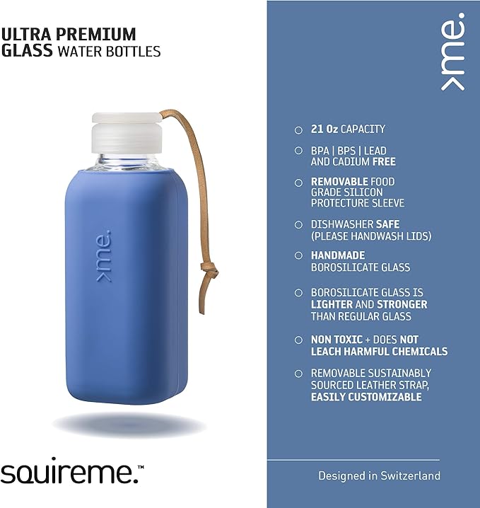Y1 Borosilicate Glass Water Bottles, Clear Bottle, Reusable, BPA Free, Tumbler, Dishwasher Safe, Drink Container, Silicone Sleeve, Easy-Off Lid, Hot and Cold Liquid, Royal Blue 20oz