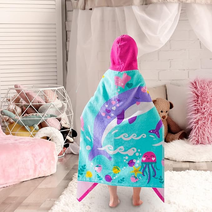 VOOVA & MOVAS Kids Hooded Beach Towels (3-10Years) | 100% Cotton | Large Soft Thick Absorbent Wrap Blanket | Ideal for Beach, Pool, Bath | Pink Whale