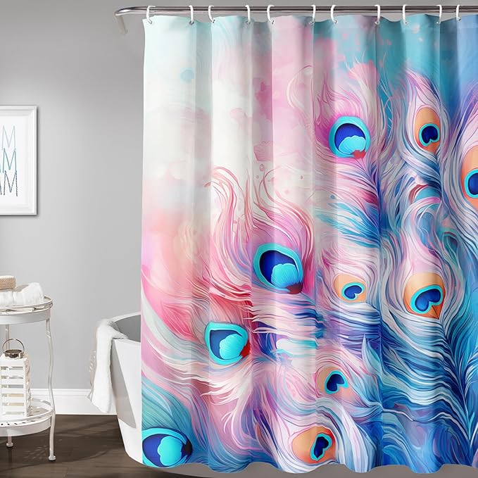 AILONEN Peacock Shower Curtain for Bathroom, Pink and Blue Peacock Feather Print Shower Curtain,Fashion Tie Dye Bath Curtain for Girls Women Waterproof 72" W*96" H