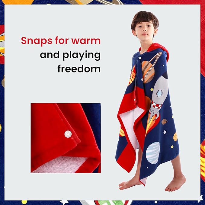 BANGSAUR Kids Hooded Beach Bath Towels, 100% Cotton 50"x30" Wrap Blanket, Toddlers Boys 3-12 Years Coverup Towel Outer Space N
