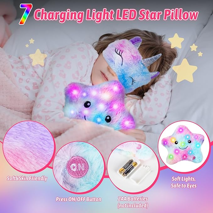 Unicorns Gifts for Girls 5 6 7 8 9 10+,Kids Unicorn Toys Set with Light Up Star Pillow/Headband/Eye Mask/Water Bottle/Pencil Case/Diary Birthday Gifts