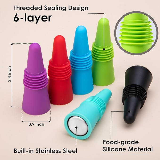 9 PCS MultiColor Silicone Wine Stoppers with Threaded Seal Ring and Stainless Top - Suitable for Wine and Beverage Bottles - Keeping Wine or Beverage Fresh…