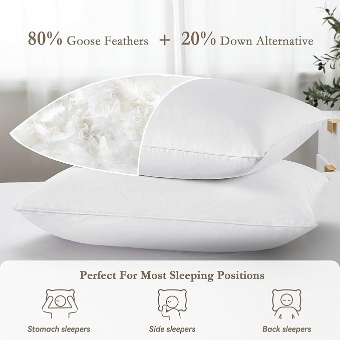 puredown® Feather Pillows with 100% Cotton Cover, Set of 2 Bed Pillows for Sleeping, King Size(20 x 36)