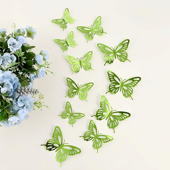 72Pcs 3D Butterfly Wall Decor 3 Sizes 3 Styles, Butterfly Decorations Party Birthday Cake Decoration, Removable Butterfly Wall Stickers for Kids Nursery Wedding Bedroom Room Decor(Green)